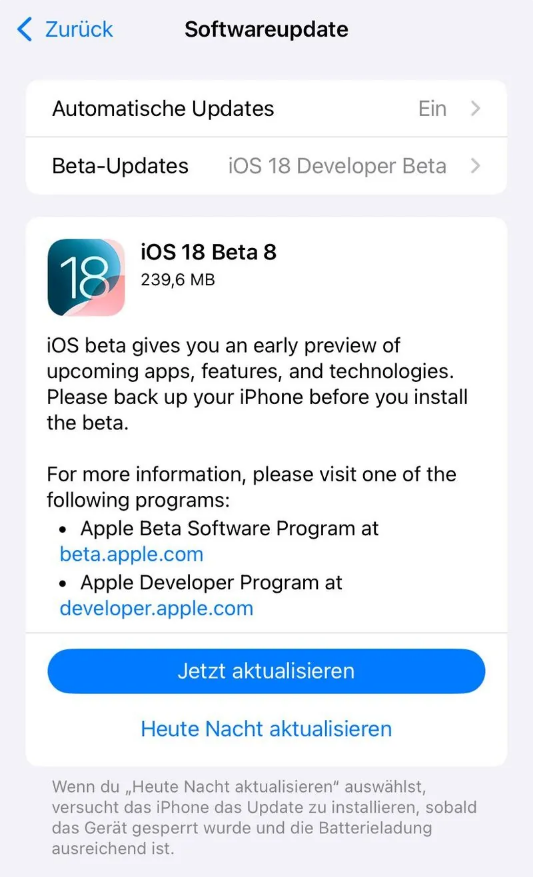 七台河苹果手机维修分享苹果 iOS / iPadOS 18 开发者预览版 Beta 8 发布 